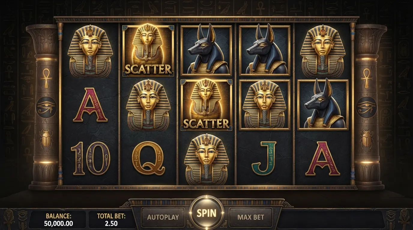 Die fünf Walzen des Slots mit ägyptischen Symbolen und Grabkammer-Scatter