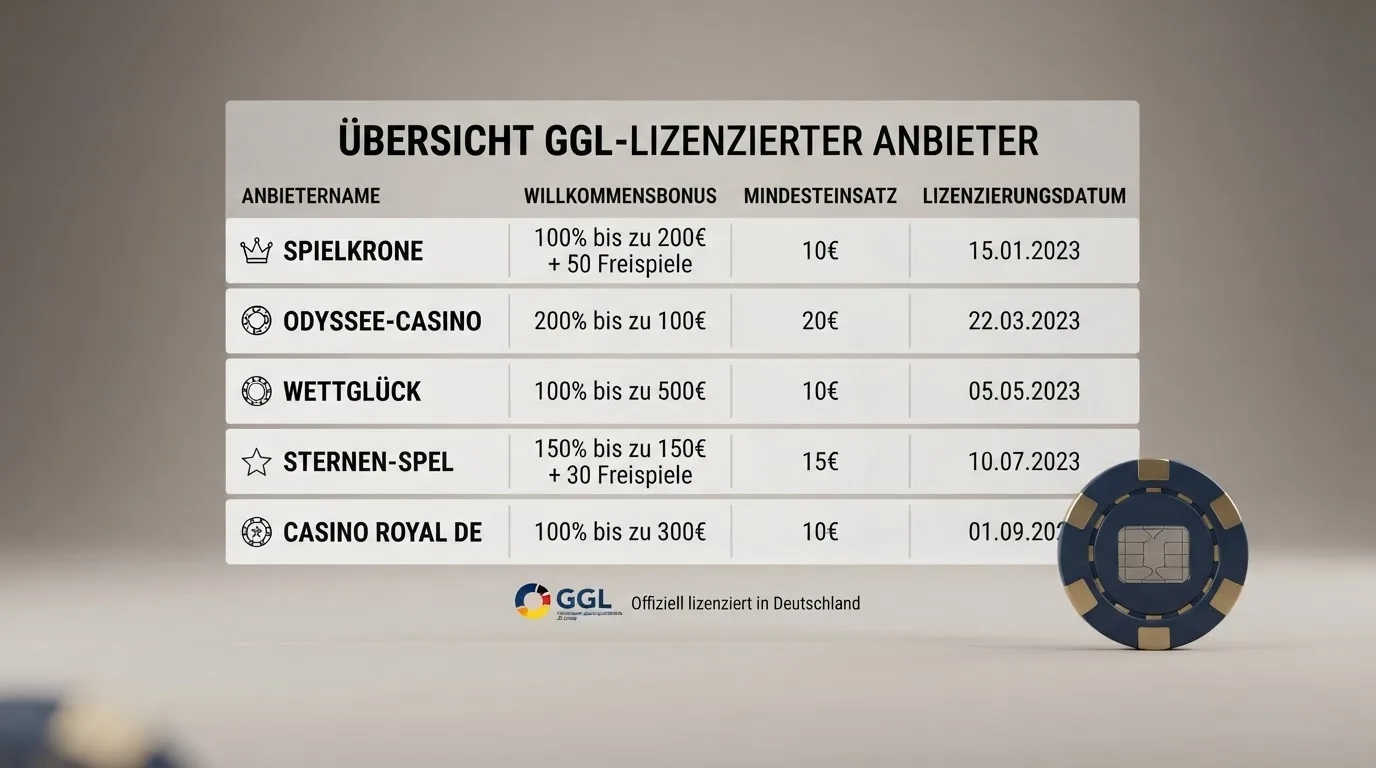 Logo-Übersicht oder Kacheln der zehn vorgestellten GGL-lizenzierten Anbieter