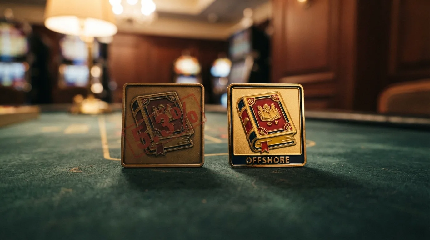 Zwei Slot-Symbole nebeneinander: links GGL-Slot mit 5,3% Steuer, rechts Offshore-Slot ohne Einsatzsteuer