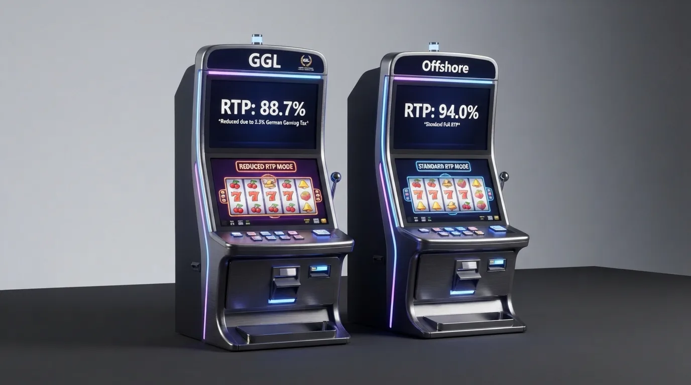 Diagramm: Zwei identische Slots nebeneinander – GGL-Seite mit abgezogenen 5,3 Prozent, Offshore-Seite mit vollem RTP