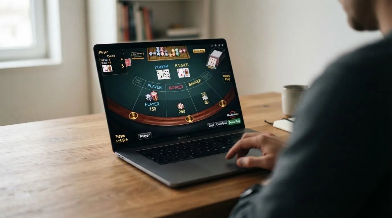RNG-Baccarat-Demo-Bildschirm mit Spielgeld-Guthaben und Einsatzfeldern