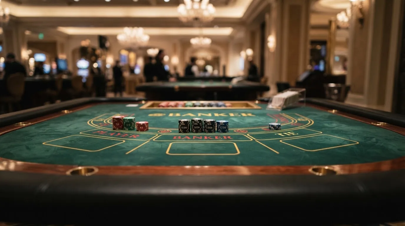 Klassischer Baccarat-Tisch mit Einsatzfeldern für Bankhalter, Spieler und Unentschieden