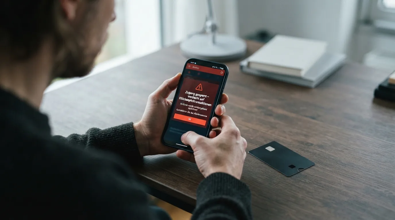 Gesperrter Online-Banking-Zugang mit symbolischem Warnhinweis zu Glücksspiel-Transaktionen