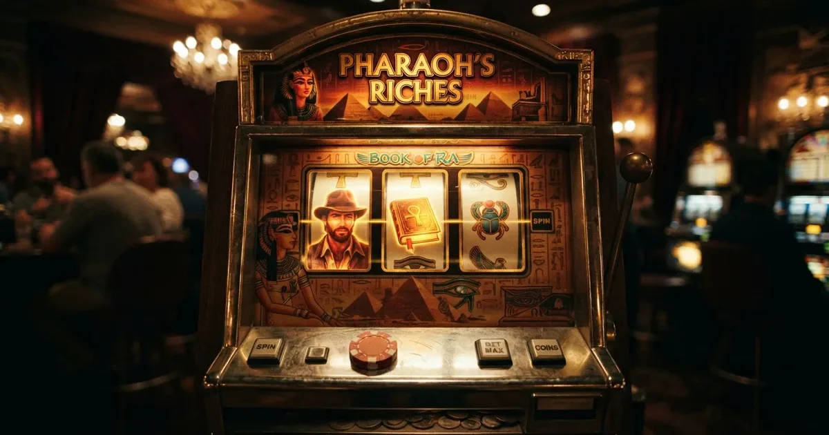 Goldener Spielautomat mit Entdeckerfigur, Schriftrollen und leuchtendem Buchsymbol in der Mitte