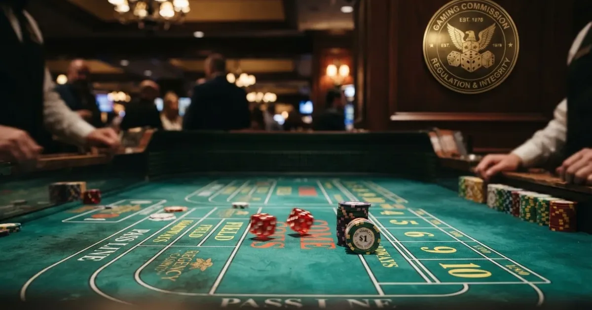 Hero: Craps-Tisch mit zwei Würfeln und einem Spielmarken-Stack vor unscharfem Hintergrund mit GGL-Emblem