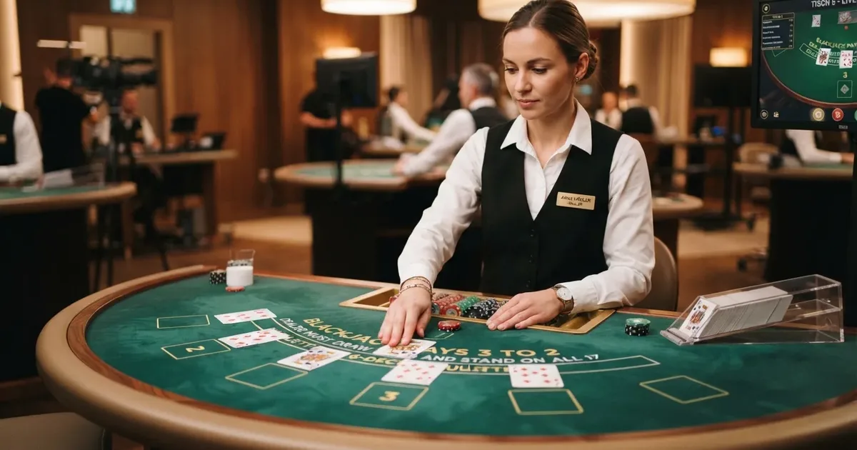 Live-Dealer an einem Blackjack-Tisch im HD-Studio, Karten und Chips im Fokus, professionelle Casino-Atmosphäre