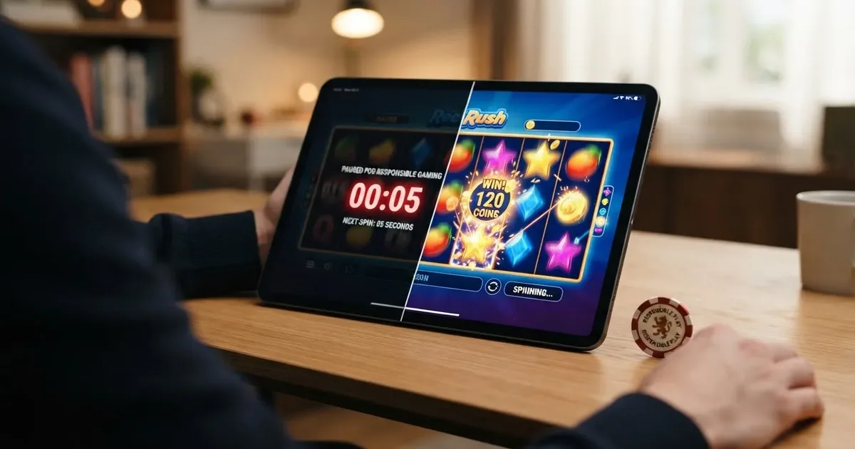 Geteilte Ansicht eines Online-Slots: links mit 5-Sekunden-Countdown, rechts im fließenden Spiel ohne Pause