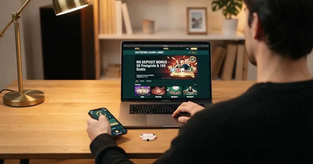 Spieler am Laptop mit Smartphone, der eine Casino-Startseite mit einem Bonus-Banner und GGL-Logo öffnet