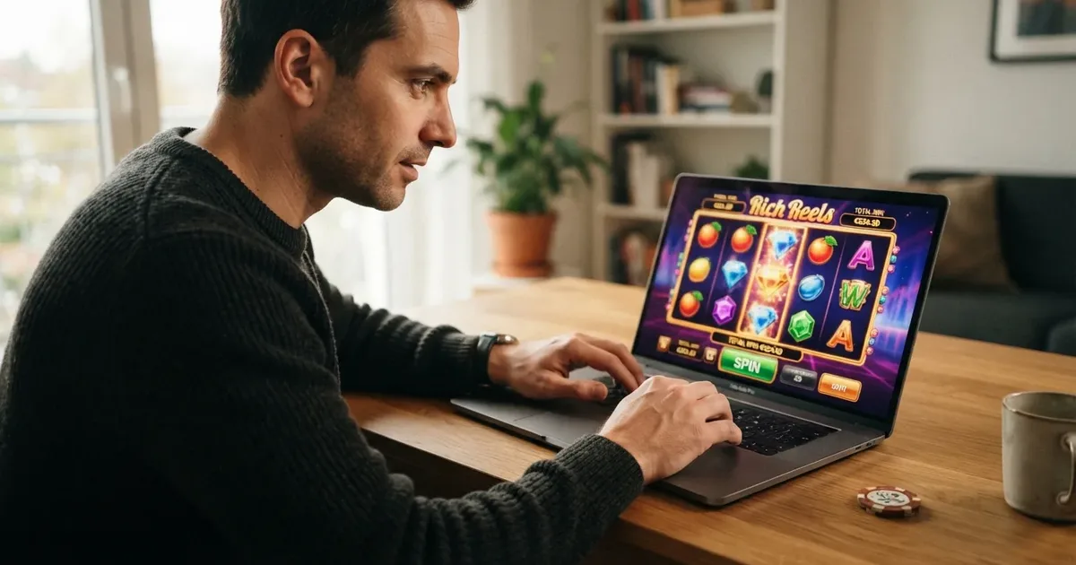 Spieler an einem Laptop mit einem Casino-Interface ohne sichtbare Limit-Anzeige