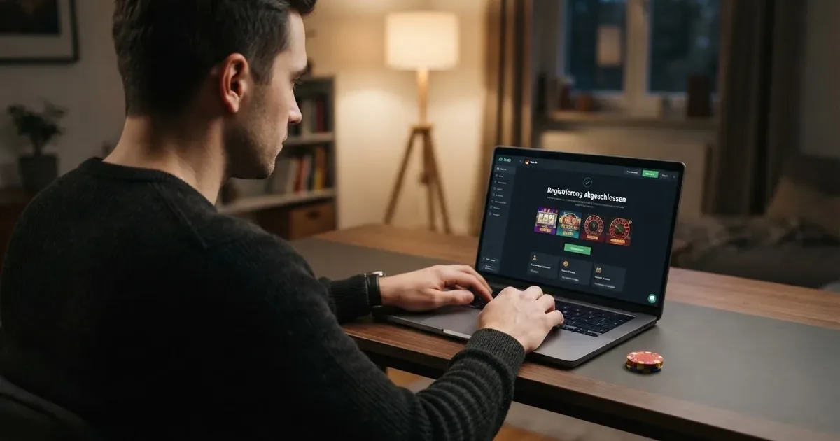 Spieler am Laptop, Casino-Lobby zeigt Registrierung abgeschlossen, kein Ausweis auf dem Tisch