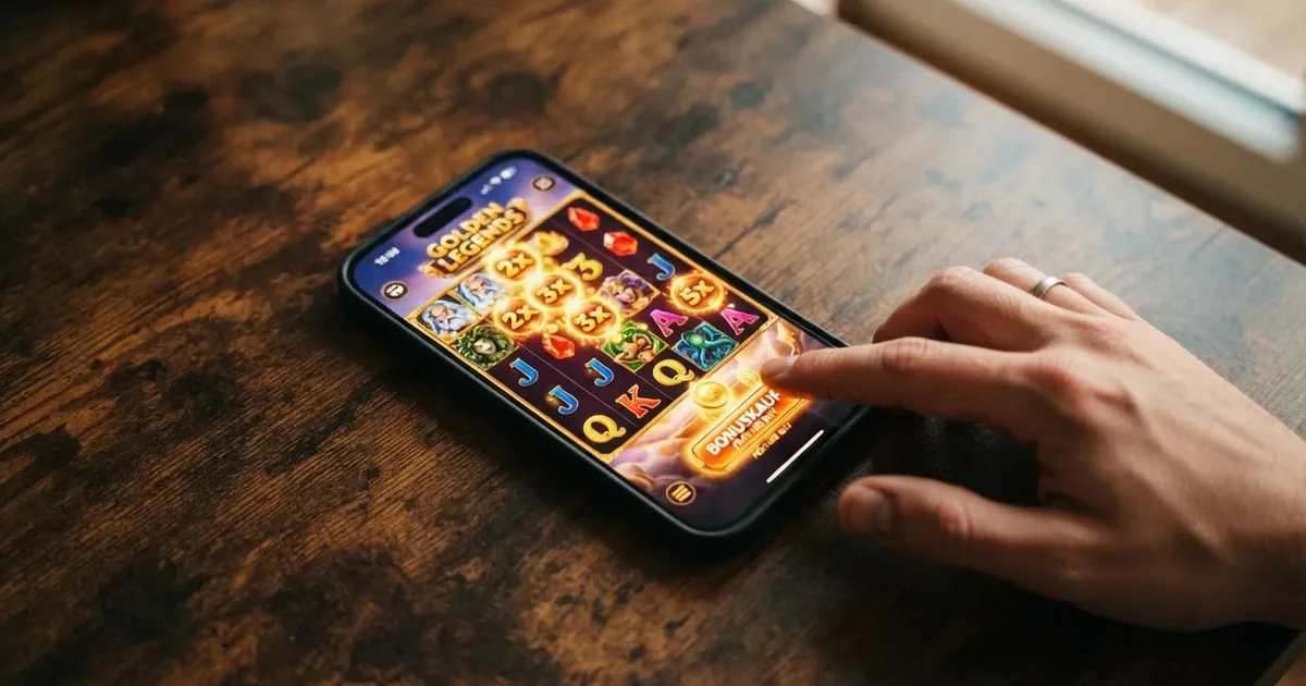 Spieler klickt auf den Bonuskauf-Button eines Online-Slots – Hero-Aufmacher mit Detail des Bedienfelds