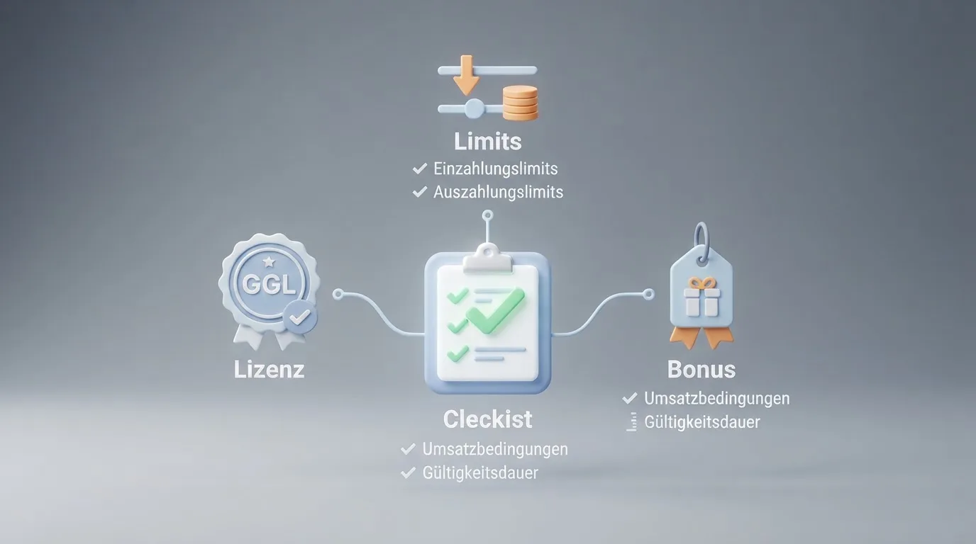 Checklisten-Icon mit drei Prüfkategorien – Lizenz, Bonus, Limits