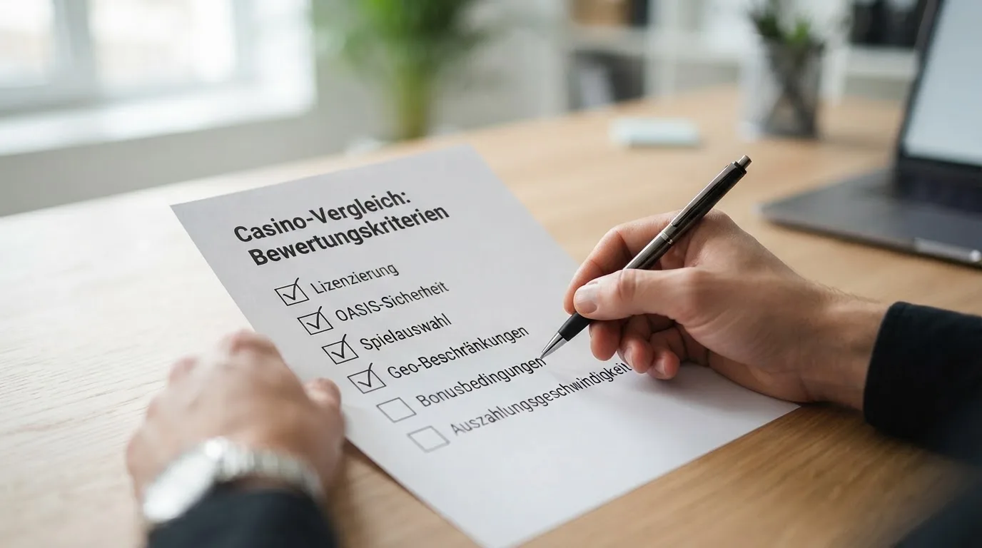 Eine Checkliste mit den Bewertungskriterien – Lizenz, OASIS, Spielauswahl, Geo – als visuelle Methodik-Übersicht