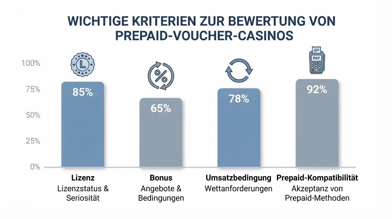 Die vier Bewertungskriterien als Piktogramm-Reihe: Lizenz, Bonus, Umsatz, Paysafecard