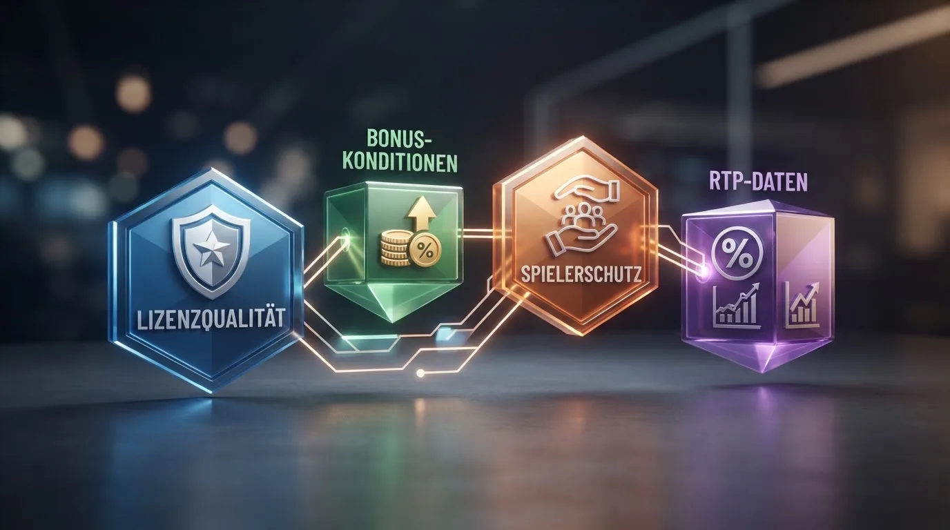 Die Bewertungskriterien und Quellen dieses Anbietervergleichs: Lizenz, Bonus, Spielerschutz und RTP-Daten