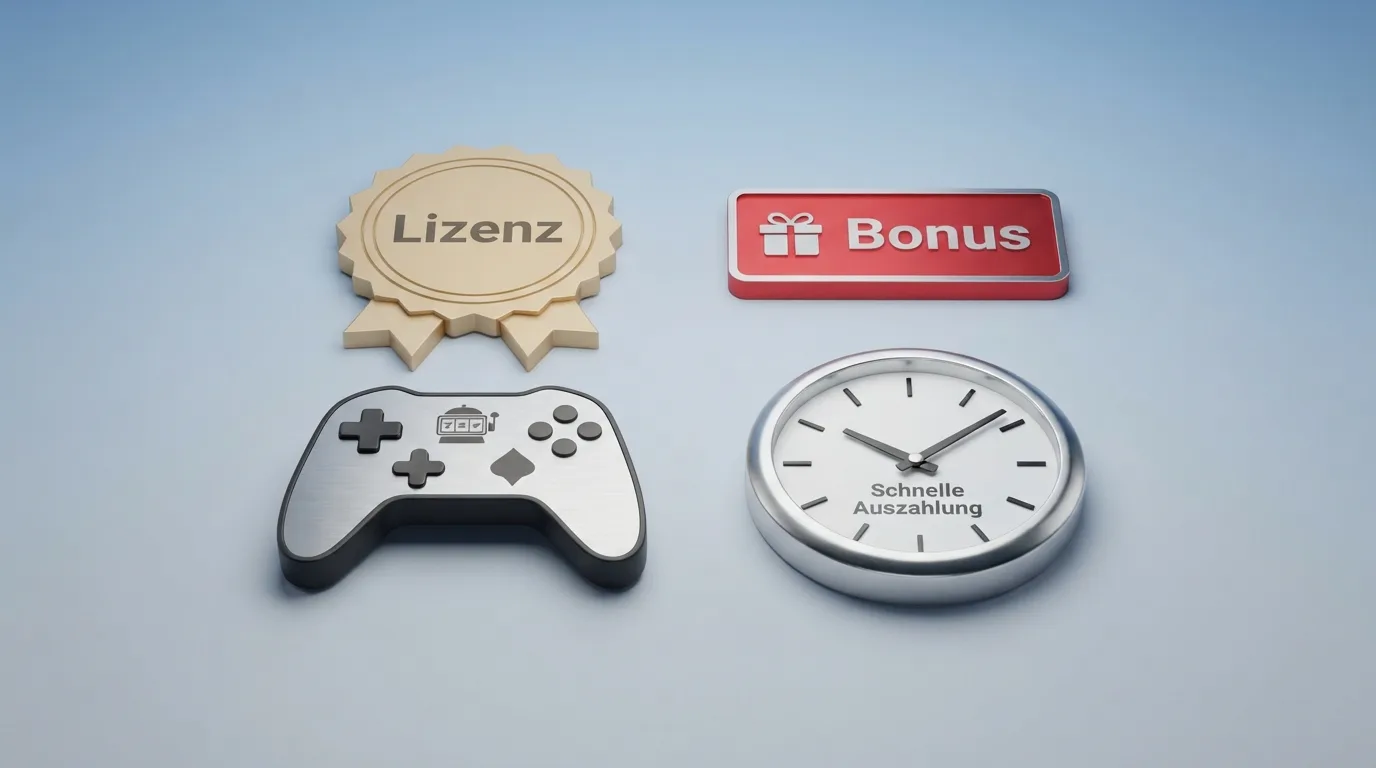 Icons für Lizenz, Spielangebot, Bonusquote und Auszahlungsdauer