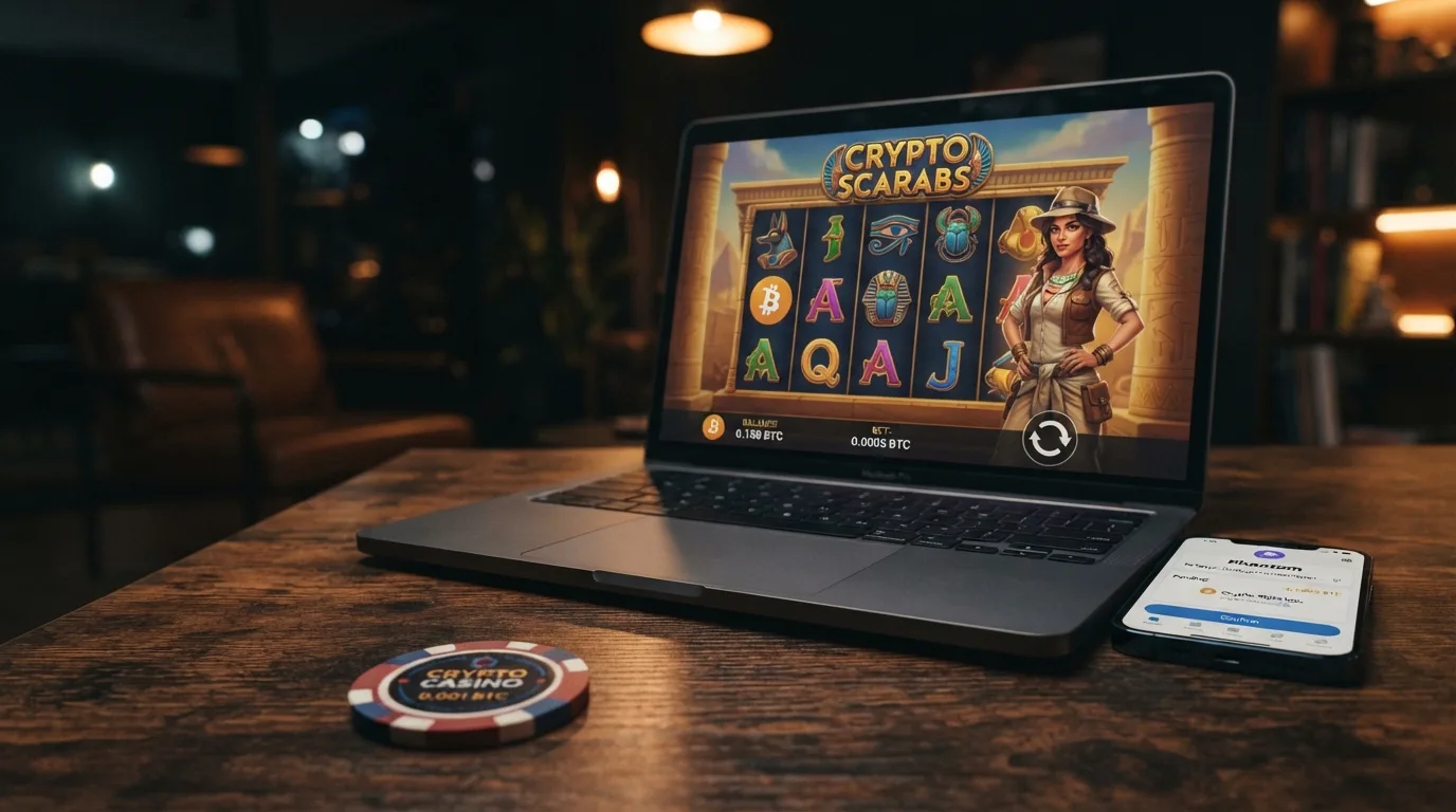 Krypto-Casino-Oberfläche mit Bitcoin-Einzahlung und Book of Dead Slot