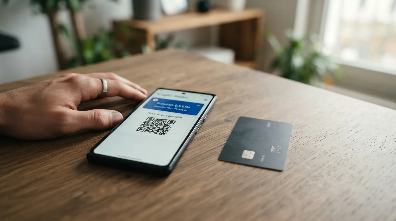 Krypto-Casino: Bitcoin-Wallet auf Smartphone neben klassischer Bankkarte