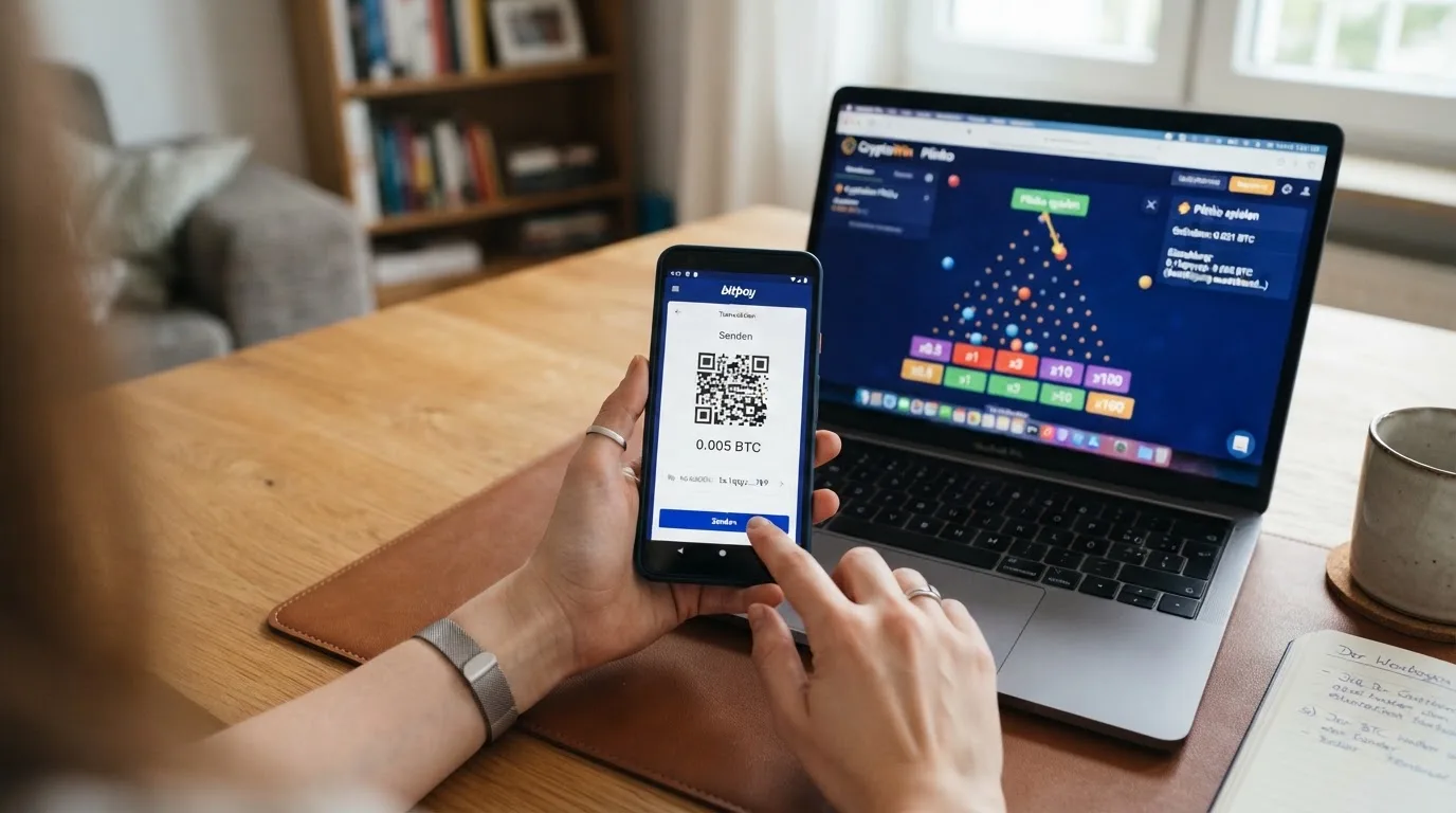 Bitcoin-Wallet-App und Plinko-Spiel nebeneinander auf einem Bildschirm mit QR-Code