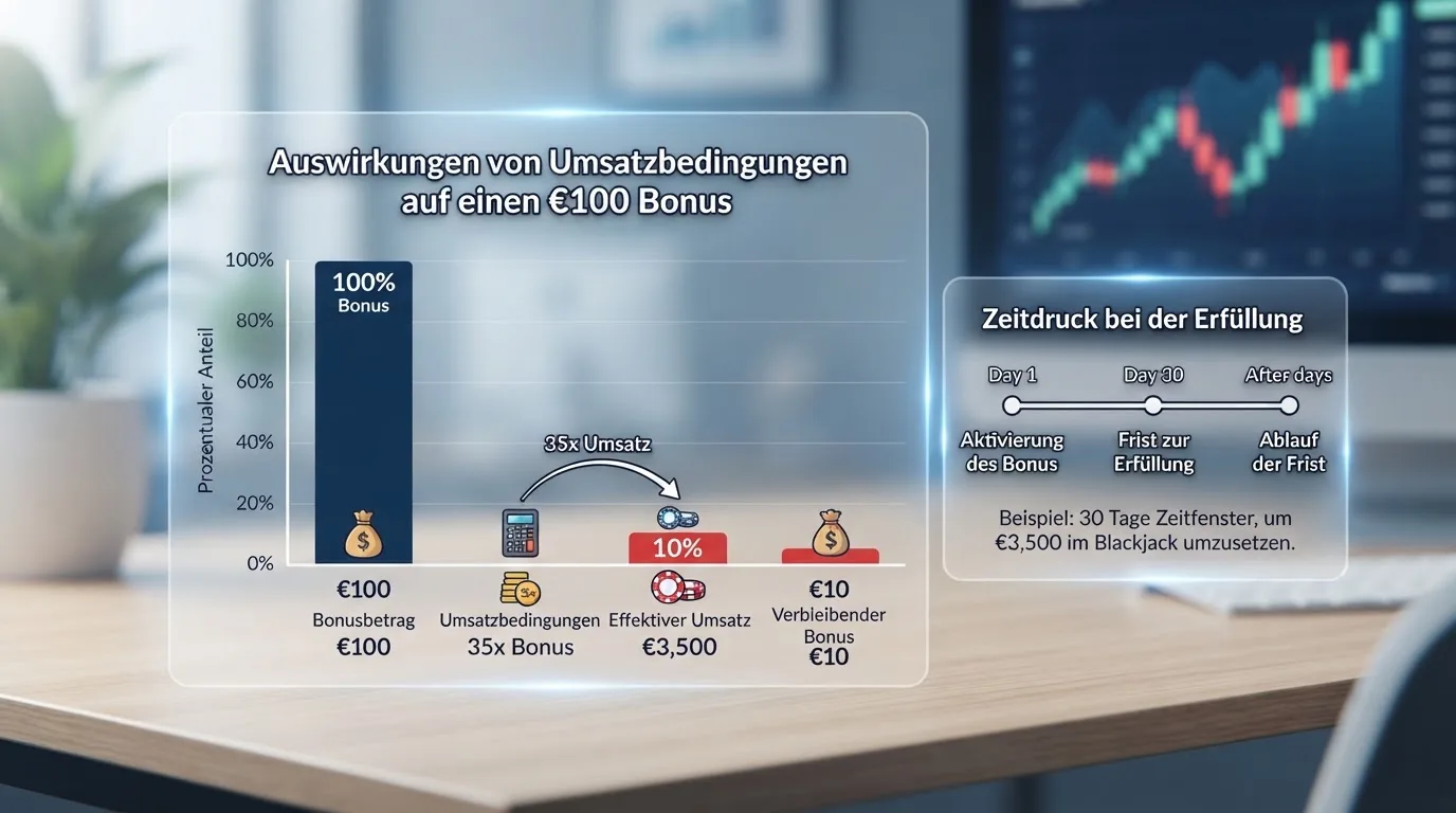 Visualisierung: ein Bonus-Betrag (100 €) schrumpft über Umsatzbedingungen und Spielgewichtung, Zeitstrahl daneben