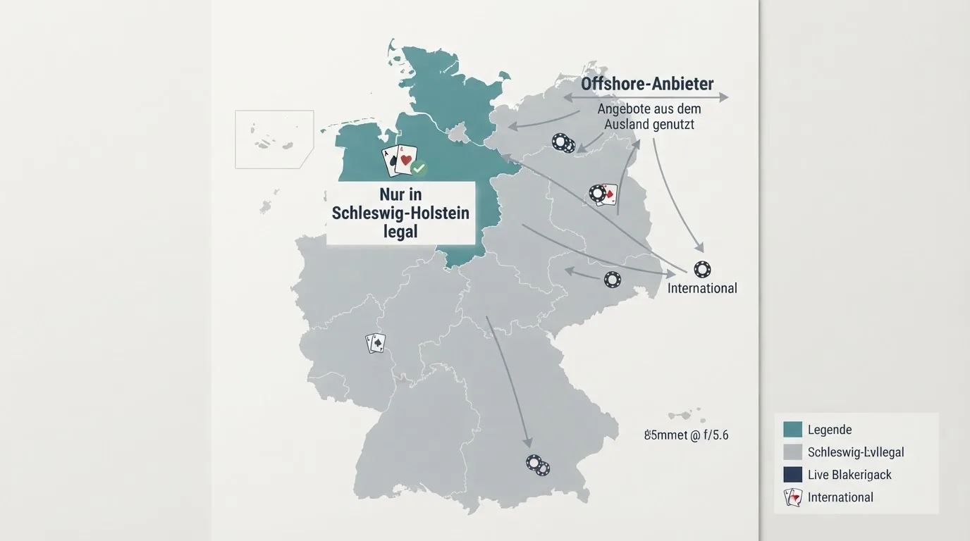 Deutschlandkarte mit farblicher Kennzeichnung: Schleswig-Holstein (legal Live Blackjack) und Offshore-Routen