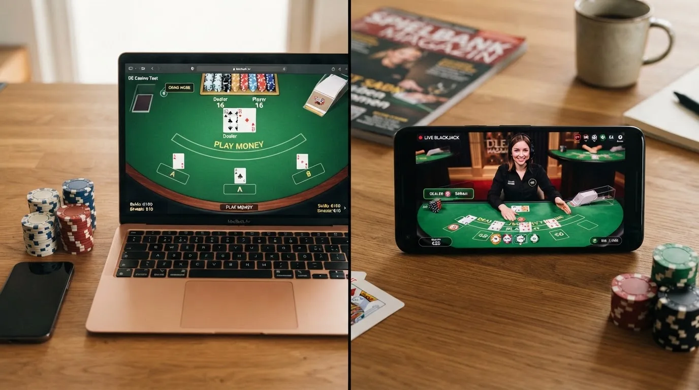 Split-Screen: linke Hälfte Demo-Modus mit Spielgeld-Chips, rechte Hälfte Echtgeld-Tisch