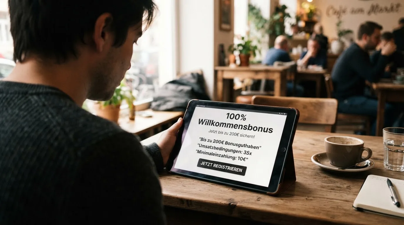 Stilisierte Bonus-Grafik mit Lupe über den Bonusbedingungen