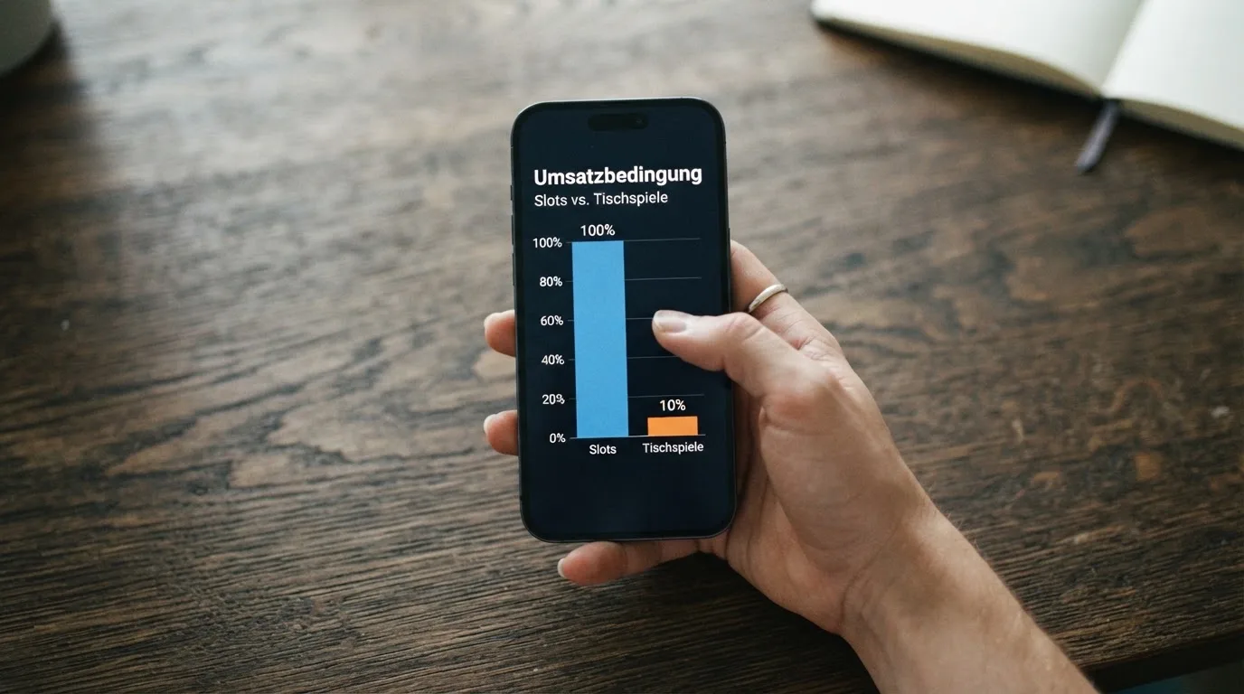 Visualisierung: Wie 100 % Slot-Beitrag und 10 % Tischspiel-Beitrag die effektive Umsatzbedingung verändern