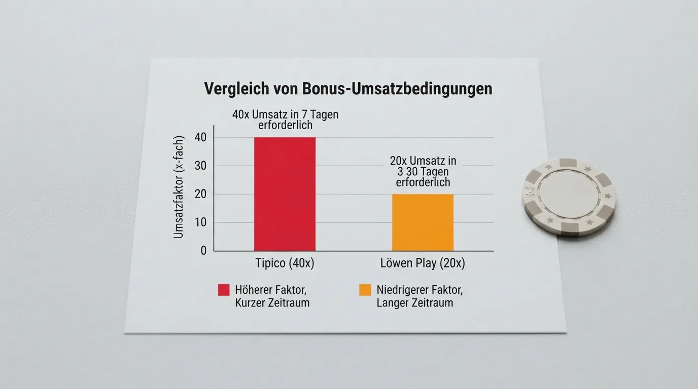 Bonus-Umsatzbedingungen im Vergleich: Tipico 40x/7 Tage vs. Löwen Play 20x/30 Tage