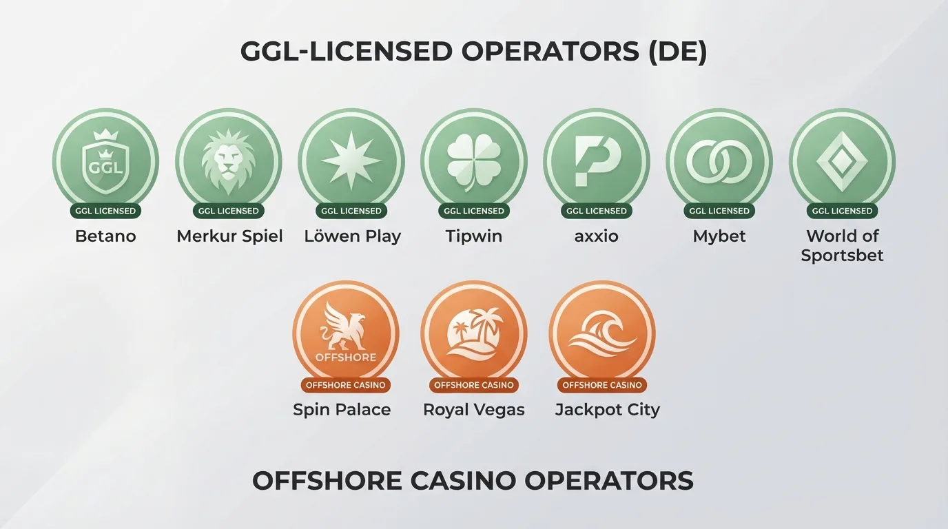 Übersicht der zehn Anbieter-Logos, farblich getrennt in GGL (grün) und Offshore (orange)