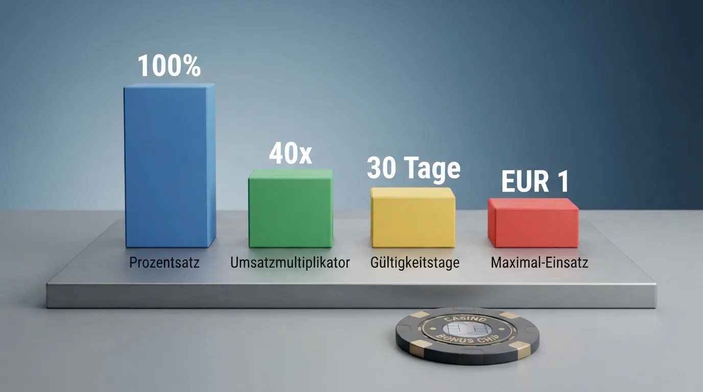 Infografik zu Bonus-Bedingungen: Prozentsatz, Umsatzmultiplikator, Gültigkeitstage und Maximal-Einsatz bestimmen den wahren Wert eines Willkommenspakets