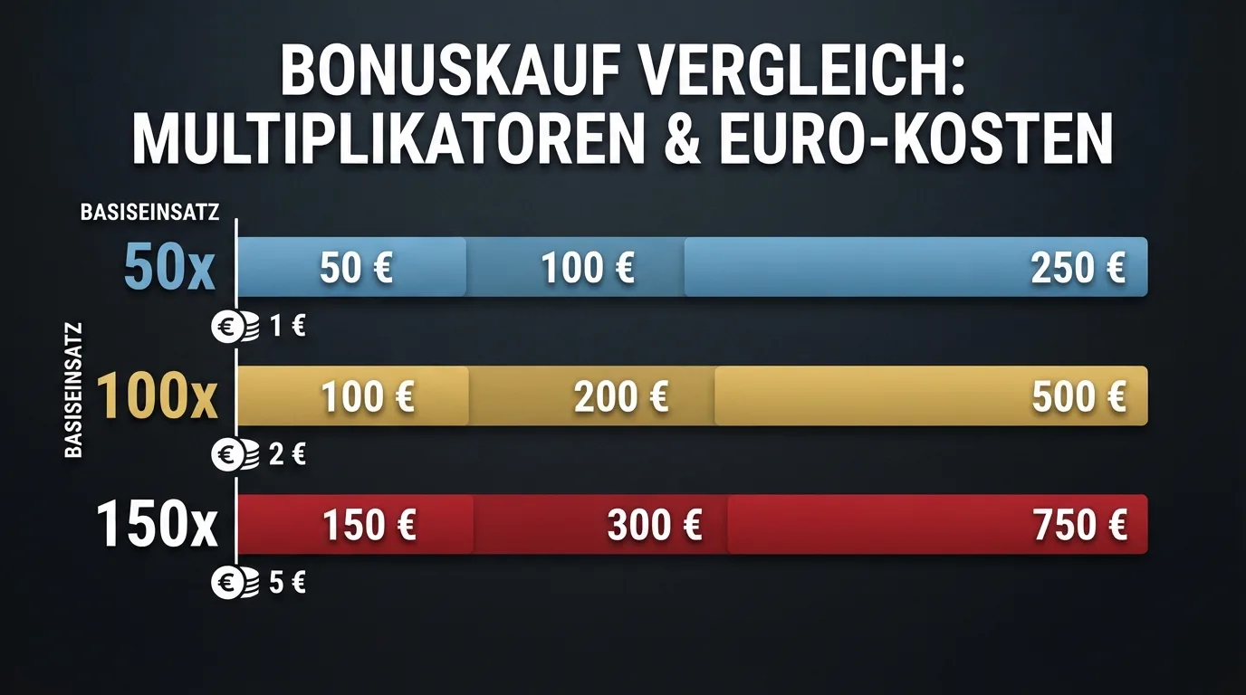 Infografik zu Einsatz-Multiplikatoren von 50x bis 150x und ihrem Euro-Gegenwert