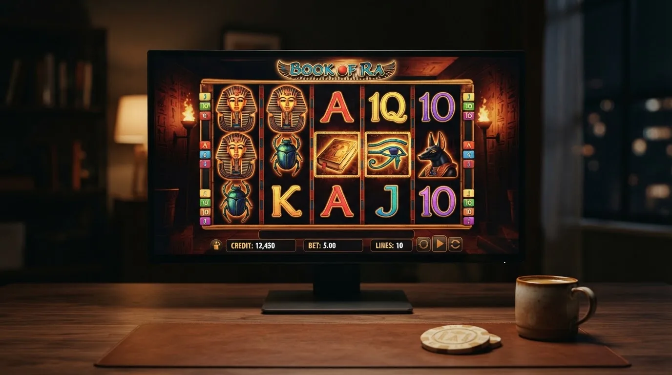 Book of Ra Deluxe Spielautomat mit Walzen und Gewinntabelle