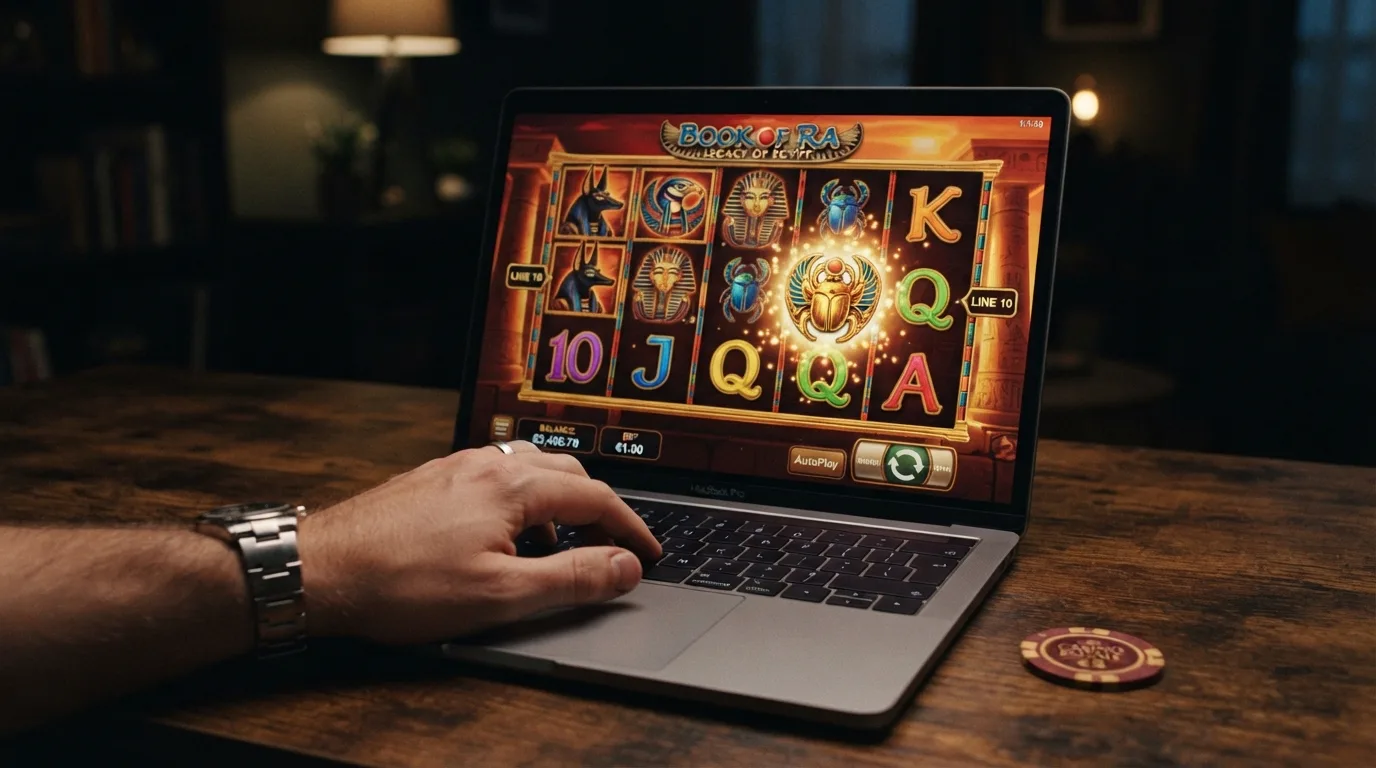 Book of Ra Deluxe Spielbildschirm mit Walzen und Gewinnlinien