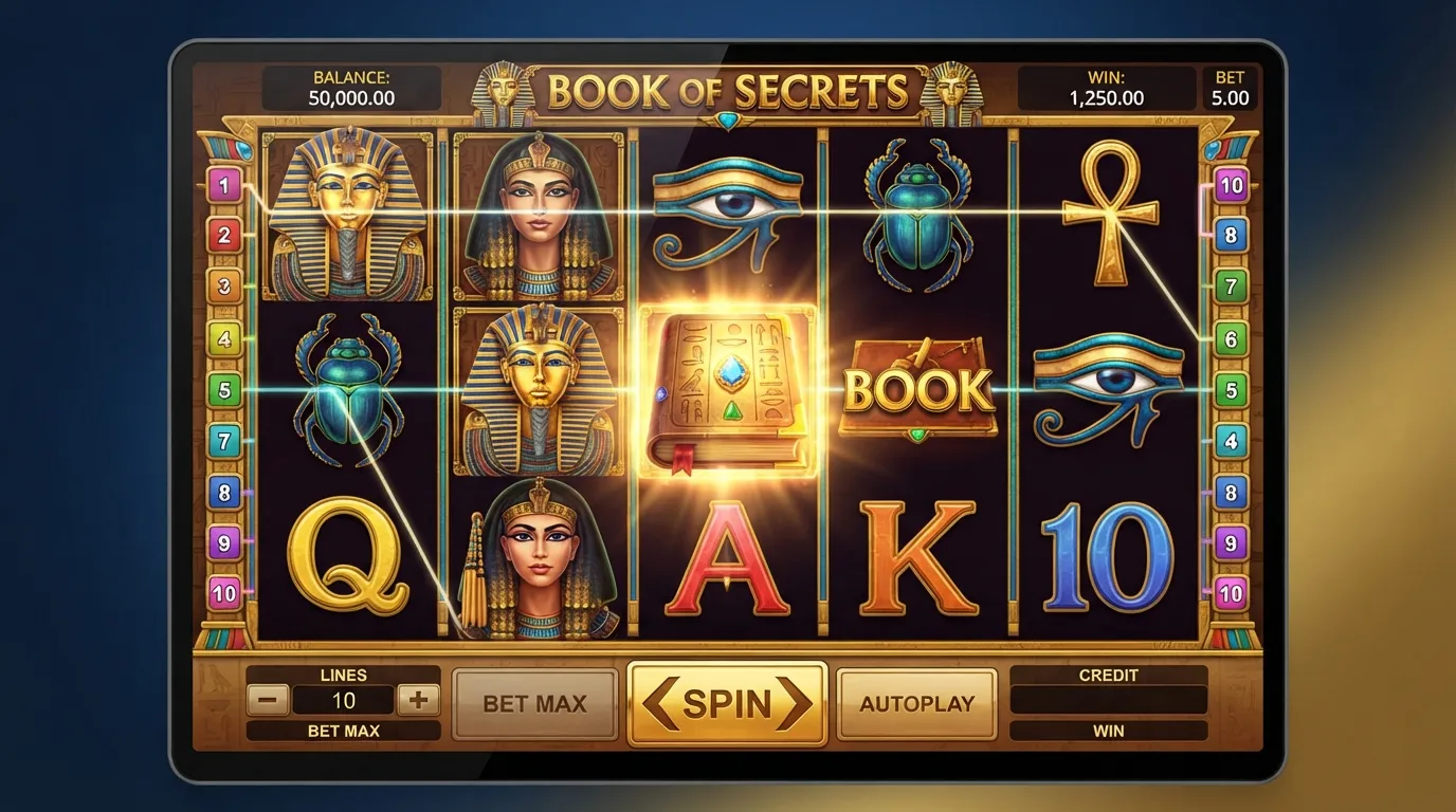 Spielbildschirm mit fünf Walzen, zehn Gewinnlinien und großem expandierendem Buchsymbol