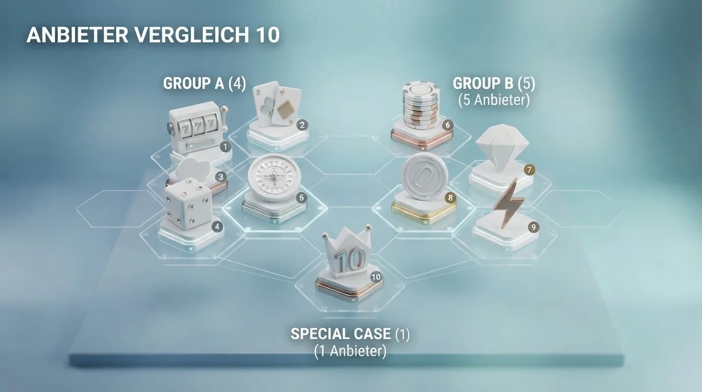 Stilisierte Vergleichsgrafik mit zehn Casino-Logos in zwei Gruppen