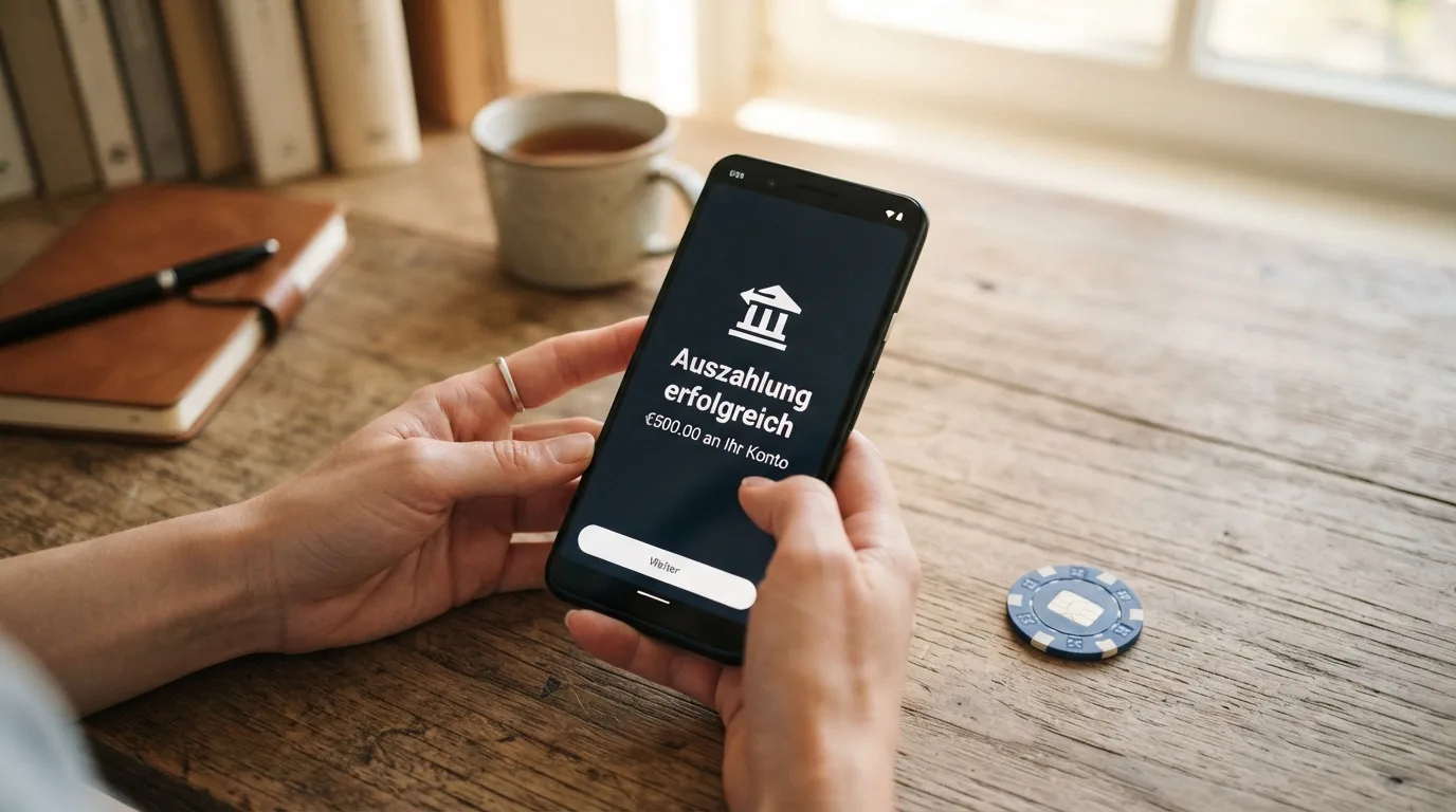 Bestätigungsbildschirm einer Casino-Auszahlung mit Banküberweisungs-Symbol