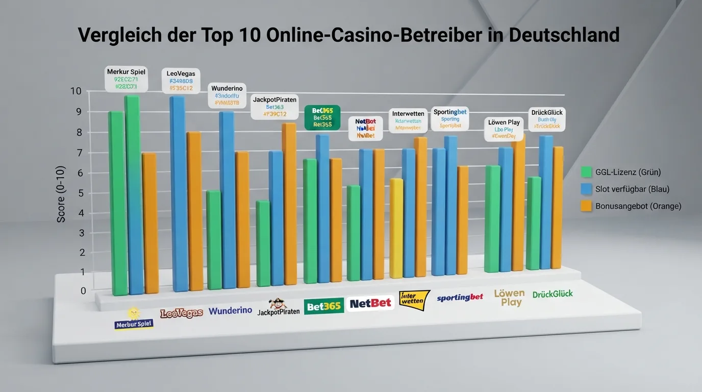 Vergleichstabelle der zehn Anbieter mit GGL- und Offshore-Lizenzstatus, Starburst-Verfügbarkeit und Bonusangaben