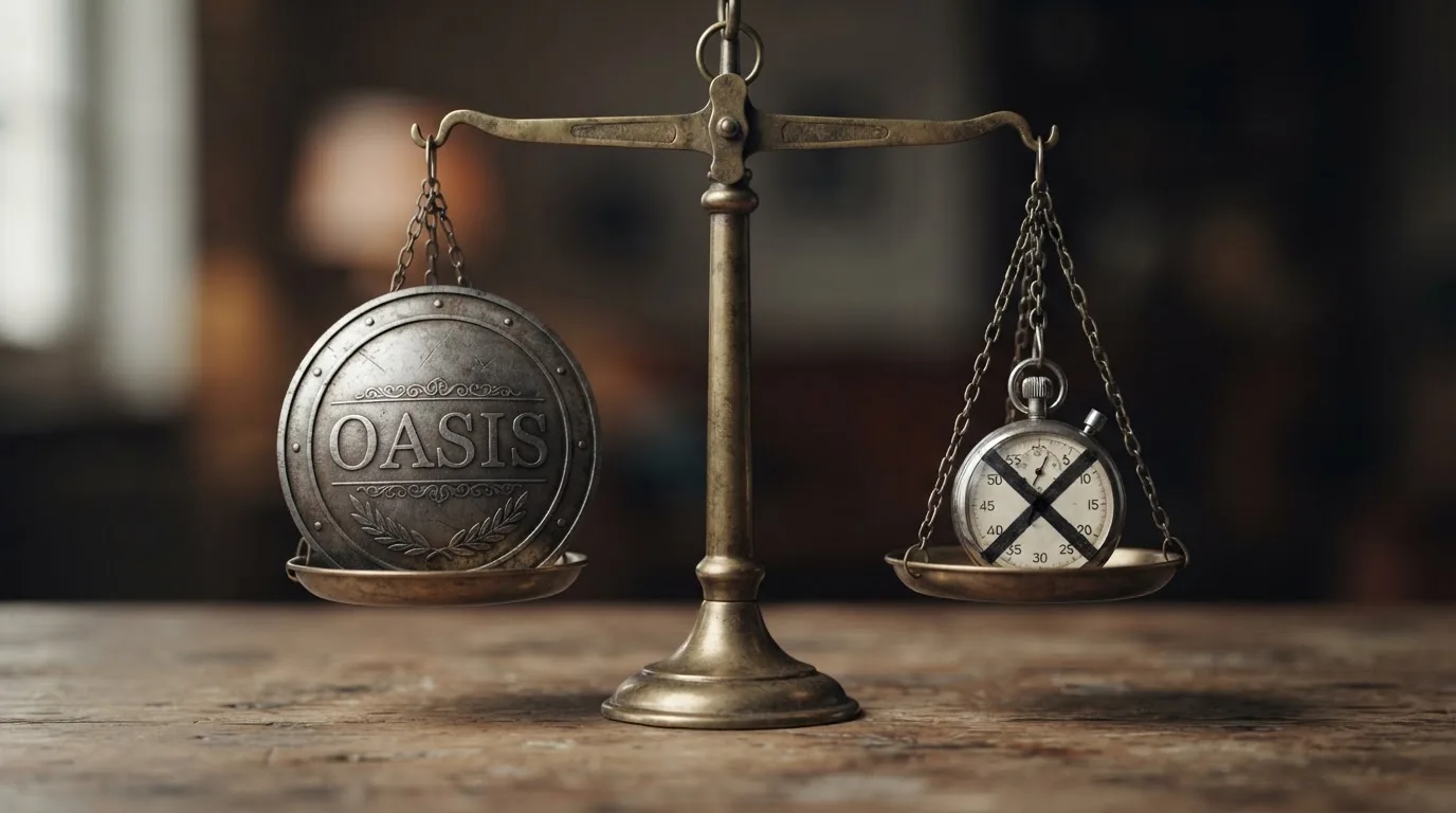 Waage: Spielerschutz (Schild mit OASIS) gegen Freiheit (durchgestrichene Stoppuhr)