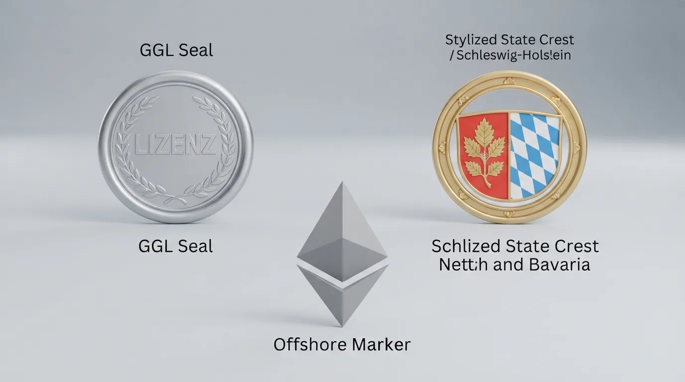 Vergleichsgrafik mit drei Symbolen für Lizenztypen: GGL-Siegel, Landeswappen und Offshore-Markierung – die drei Säulen des deutschen Live-Dealer-Marktes