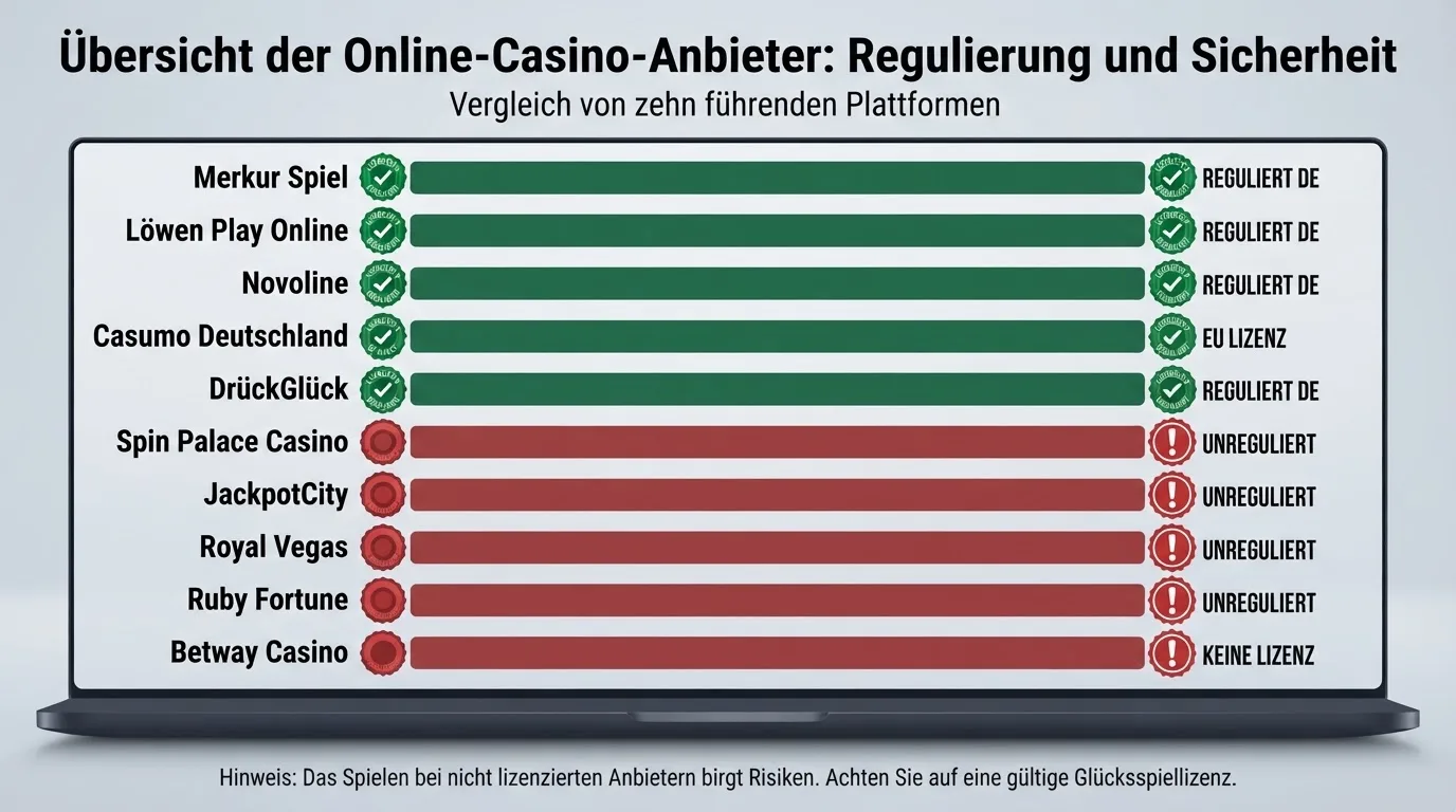Vergleichstabelle der zehn Anbieter mit farblicher Kennzeichnung: GGL-lizenziert grün, Offshore rot