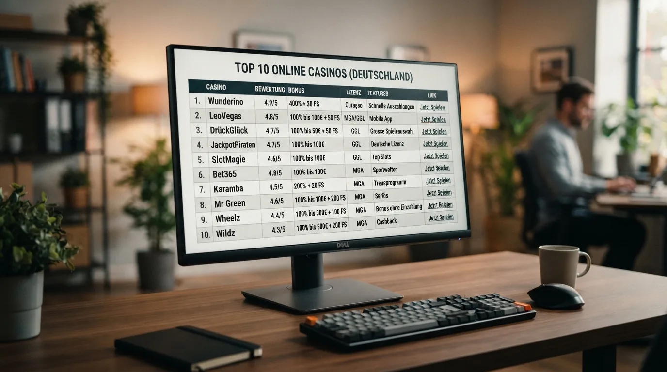 Vergleichstabelle der zehn vorgestellten Casinos mit Lizenz, Bonus und Umsatzbedingungen im Überblick