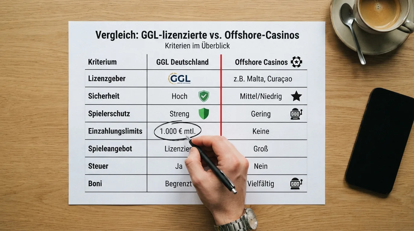 Vergleichstabelle mit farblicher Trennung zwischen GGL- und Offshore-Anbietern
