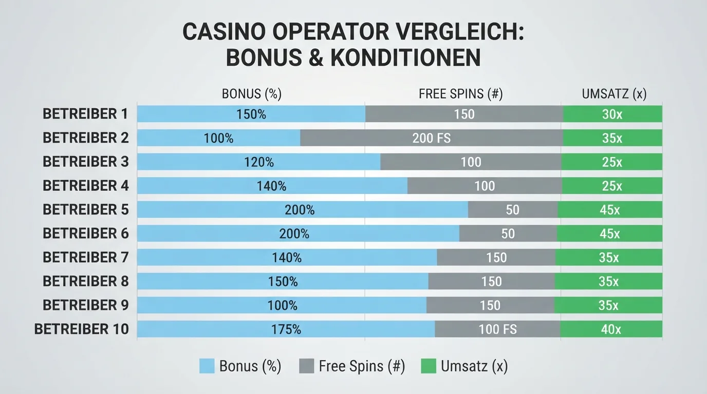 Vergleichstabelle der zehn vorgestellten Casino-Anbieter mit hervorgehobenen Lizenz-Unterschieden