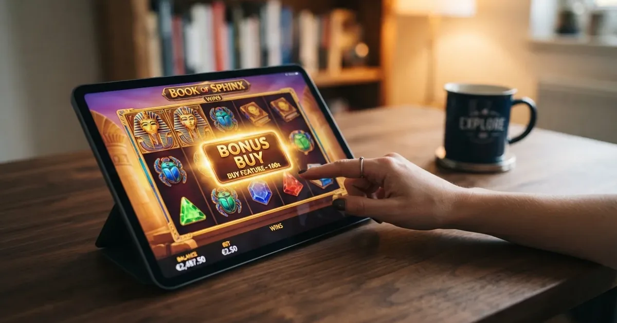 Slot-Interface mit hervorgehobenem Bonus-Buy-Knopf und Multiplikator-Anzeige