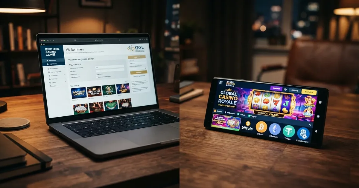 Geteilter Bildschirm: lizenziertes Casino-Symbol links, Offshore-Casino-Symbol rechts, verbunden durch den Begriff GGL-Lizenz