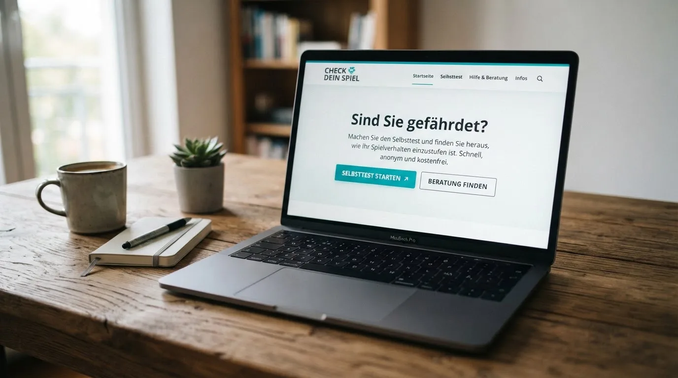 Mockup der Startseite von Check dein Spiel mit sichtbarem Selbsttest-Button