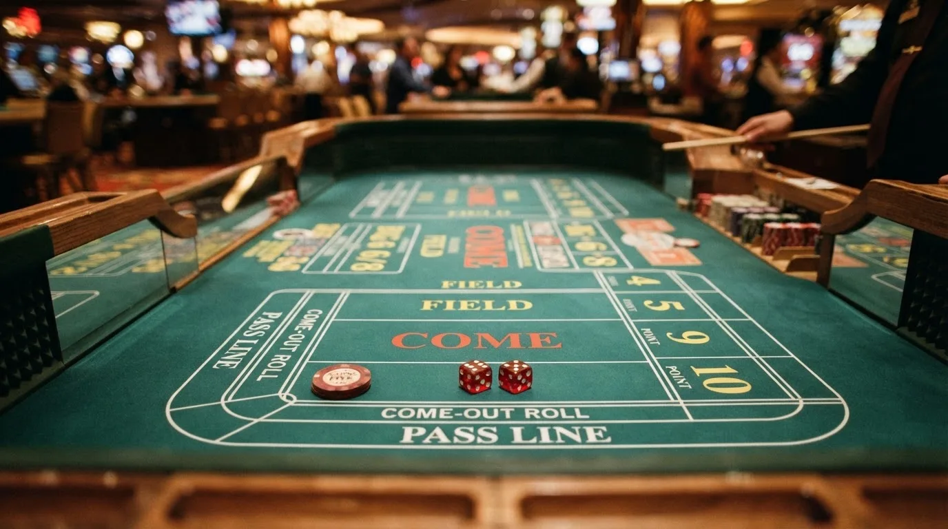 Craps-Tisch-Layout mit eingezeichneten Wettzonen für Come-Out-Roll, Pass Line und Point-Zahlen