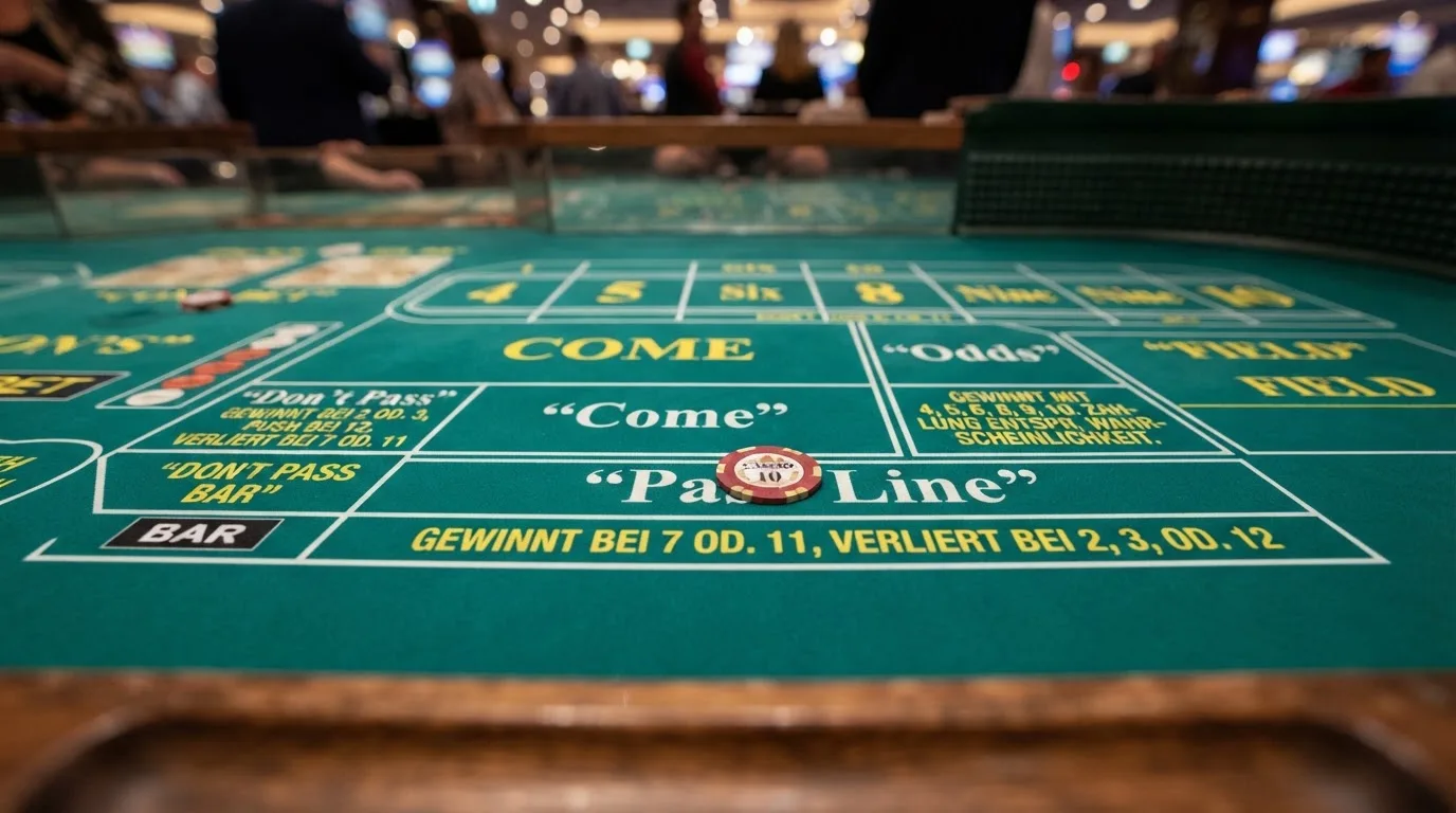 Übersicht der wichtigsten Craps-Wetten mit Hausvorteil-Angaben für Pass Line, Don't Pass, Come und Odds-Wetten