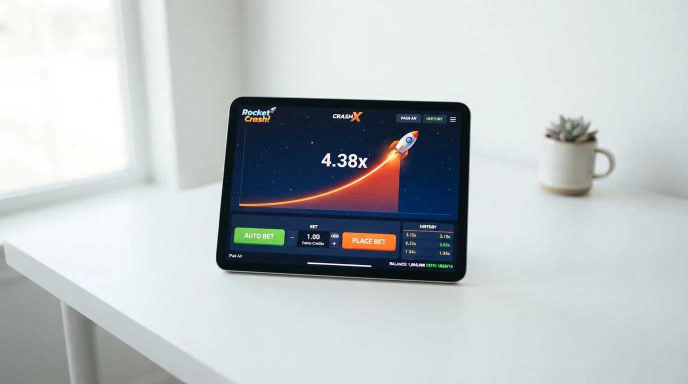 Demo-Modus eines Crash-Spiels mit virtuellem Guthaben und Multiplikator-Anzeige